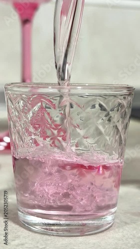 Drink being poured into glass in indoor setting, beverage preparation concept. Liquid flows from container into transparent glass, wine fills glass creating refreshing drink, vertical