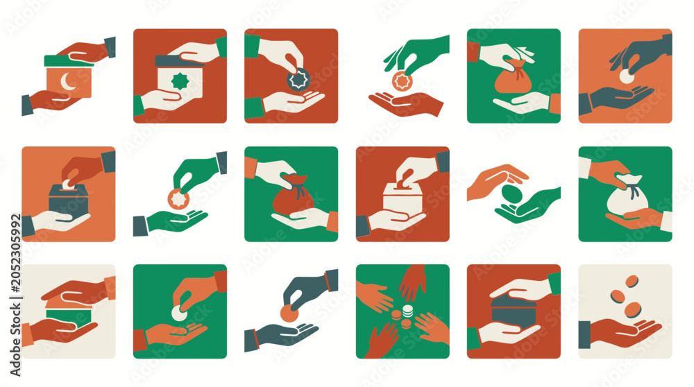 Obraz premium Flat vector illustration set of hands exchanging money and charity