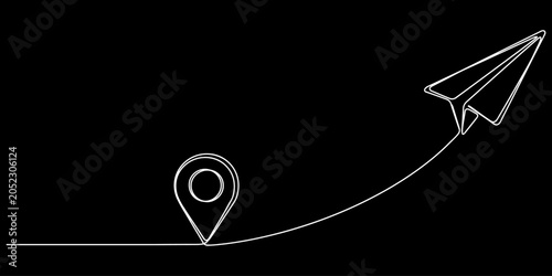 Paper plane flying between two map location pins in one continuous line drawing, Paper plane line continuous drawing vector. One line The plane flies to the location marker vector background.