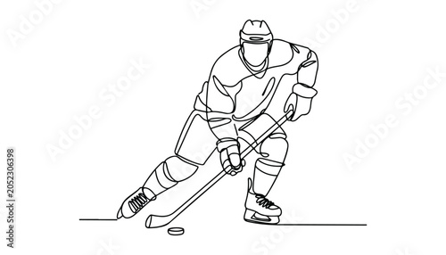 Photography One continuous line illustration of an ice hockey , isolated on white background