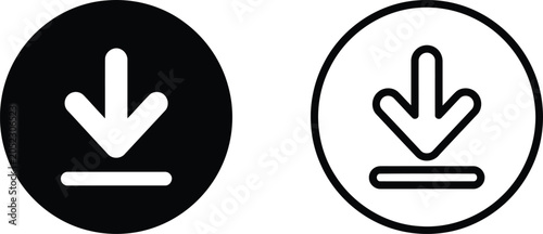 Download icon set, vector illustration of download sign, arrow pointing down to a horizontal line, black and white circle buttons for web or app interface