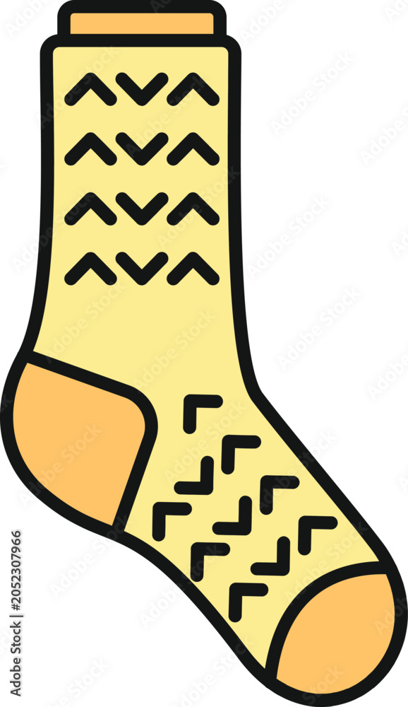 Fototapeta premium Simple yellow sock with orange heel and toe, featuring a black chevron pattern