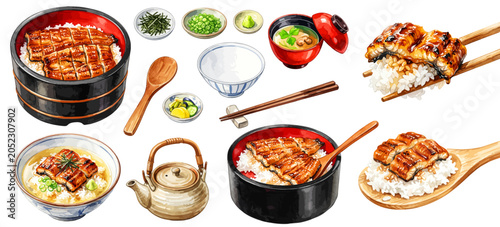 Bild auf Leinwand ひつまぶしのイラストセット,水彩風のうなぎ蒲焼きとおひつご飯,薬味とお茶漬けセットの和食素材集,手描きベクター