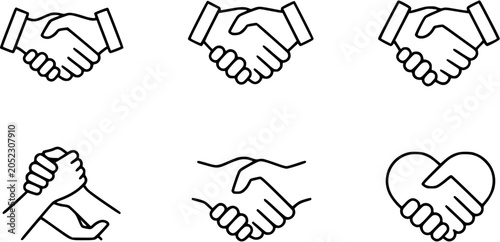 Black and White Line Art Handshake Icons Set. Business Partnership, Agreement, and Relationship Outline Glyphs. Communication and Trust Vector Collection.