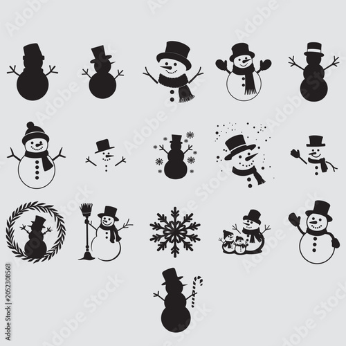 Christmas Snowman Silhouette Icon Set Collection Vector Illustration with Snowflake and Wreath Isolated on White Background.