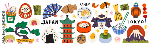 Quadro su tela Japanese culture vector elements collection in cartoon trendy style