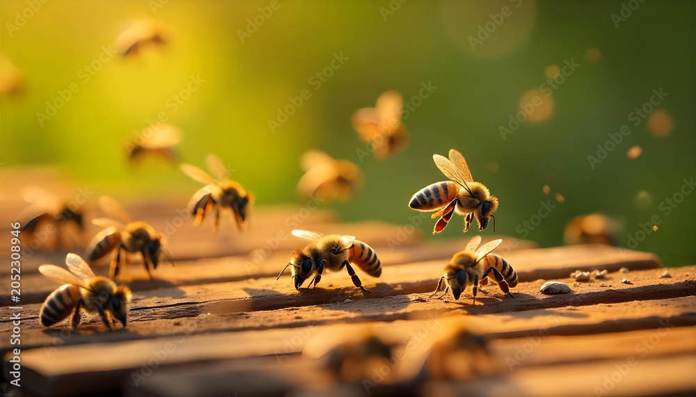 Obraz premium a swarm of bees busily working around a wooden beehive in a sunlit meadow