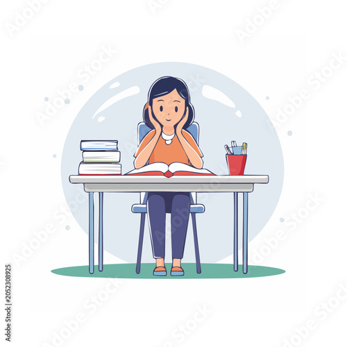 Girl sitting at desk reading an open book