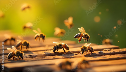 a swarm of bees busily working around a wooden beehive in a sunlit meadow
