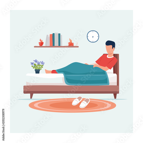 Man resting in bed with slippers and books