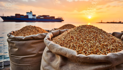 Sacks of grain are loaded onto a cargo ship at sunset, ready for transport. The golden light of the setting sun reflects on the water, creating a beautiful scene