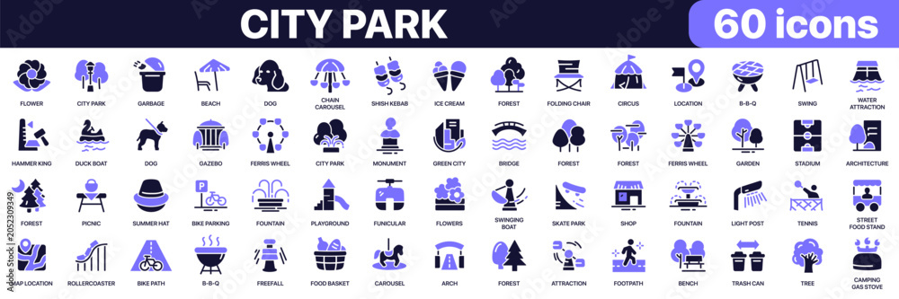 Fototapeta premium City park icon collection in purple colored style. Includes recreation, playgrounds, attractions, green spaces, outdoor leisure and park facility icons in flat fill style