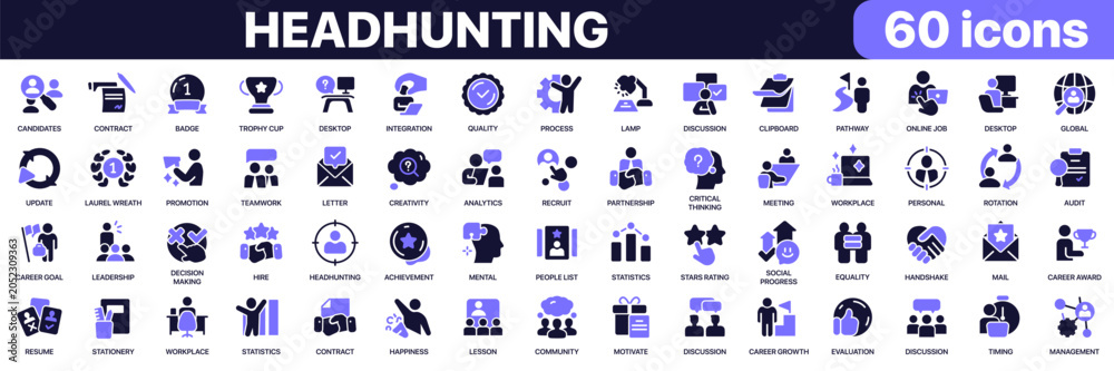 Fototapeta premium Headhunting icon collection in purple colored style. Includes hiring, candidates, career growth, human resources, teamwork and recruitment process icons in flat fill style