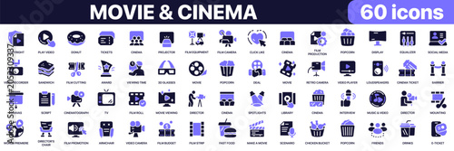 Movie and cinema icon collection in purple colored style. Includes filmmaking, cinema entertainment, video production, screening and media industry icons in flat fill style