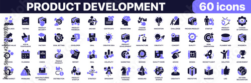 Product development icon collection in purple colored style. Includes innovation, testing, manufacturing, strategy, product design and business growth icons in flat fill style