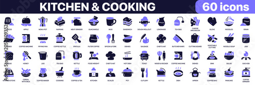 Kitchen and cooking icon collection in purple colored style. Includes cookware, food preparation, beverages, baking, kitchen appliances and culinary tools icons in flat fill style