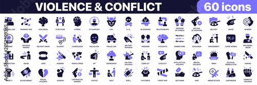 Violence and conflict icon collection in purple colored style. Includes crime, military, abuse, conflict, danger and social violence awareness icons in flat fill style
