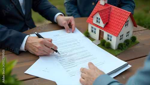 real estate contract signing with a miniature house on the table. The image shows hands signing a document with a pen