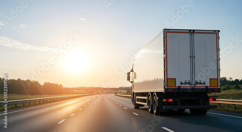 a semi-truck driving down a highway at sunset. The sun is setting behind the truck, casting a warm glow over the scene