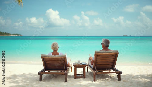 a retired couple relaxing on lounge chairs on a tropical beach, gazing out at the turquoise ocean. The scene evokes tranquility and the joy of vacation