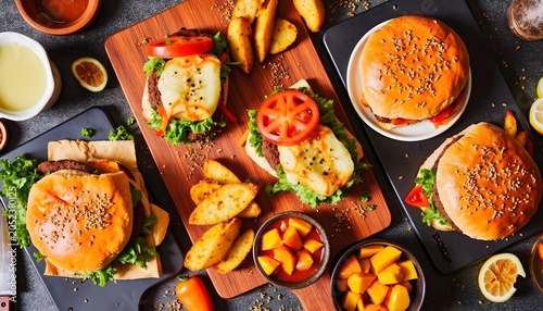 A delicious spread of gourmet burgers and crispy potato wedges, served with dipping sauces and a refreshing drink