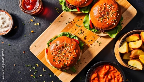 delicious homemade burger and french fries, presented on a wooden board with a side of ketchup and sauce.