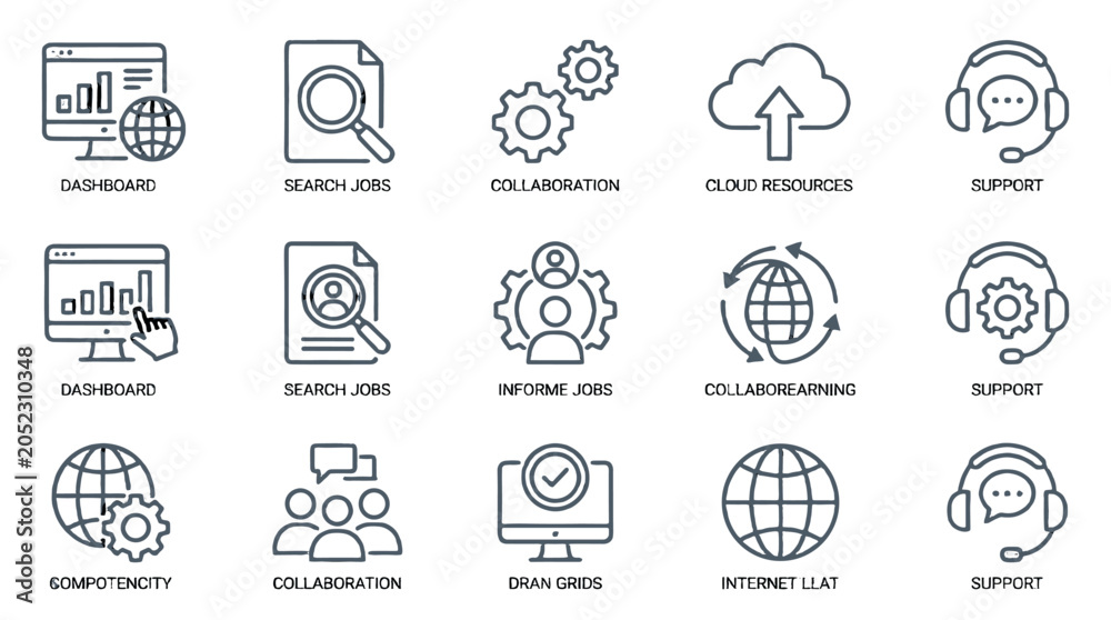 Fototapeta premium Remote work and online support outline icon collection