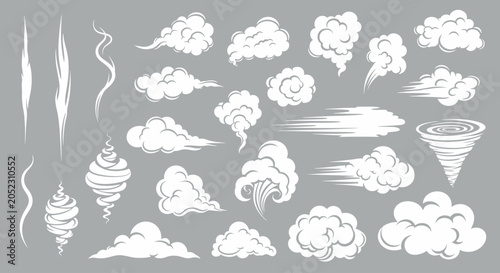 Cartoon smoke and cloud vector set, white steam and puff elements on gray background, comic style wind and tornado motion graphics for animation