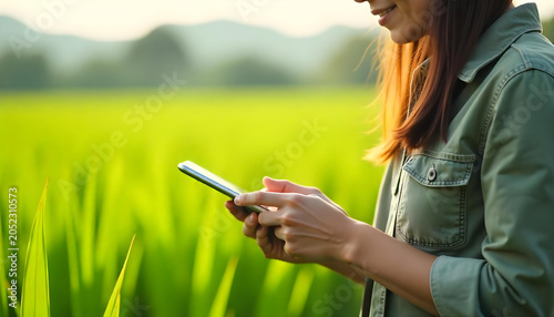 a woman in a green shirt is using a smartphone in a lush green rice field. The sun is shining through the leaves, creating a warm glow