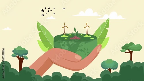 Hand holds green earth with trees and wind turbines on World Environment Day