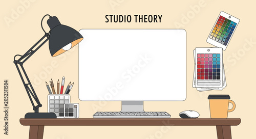 Minimalist studio desk setup with modern furniture and colorful accents for digital workspace design