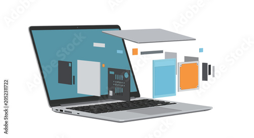 Modern laptop displaying brand system interface on screen, representing technology and digital connectivity