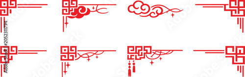Decorative red corners frame design elements with vintage oriental style patterns.