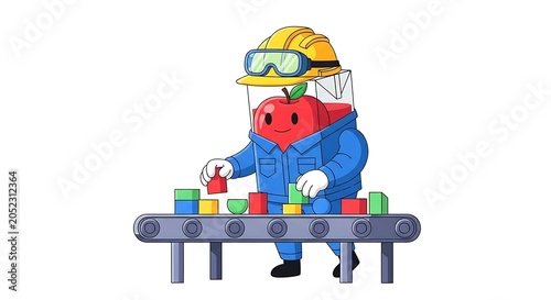 Happy child wearing safety gear on toy train.