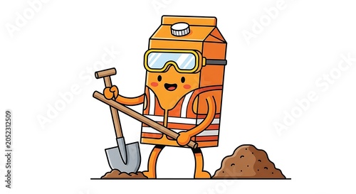 Cartoon construction worker with hard hat and tools.