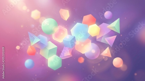 Pastel geometric shapes soft light flares modern purple pink background