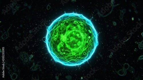 Glowing green cell orb cyan edge microscopic biological black background