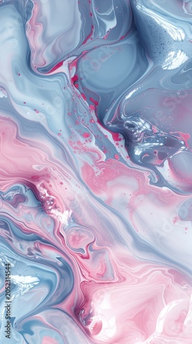 Abstract fluid art piece featuring swirling pink and blue paint creating a mesmerizing marbled texture.