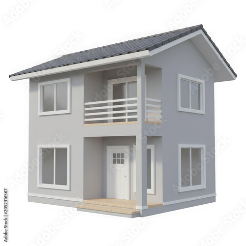 Modern two-story house with balcony and large windows 3d render isolated on transparent background