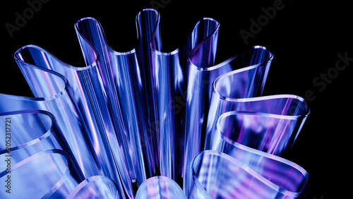 Sculpted glass curves with glossy blue reflective background.