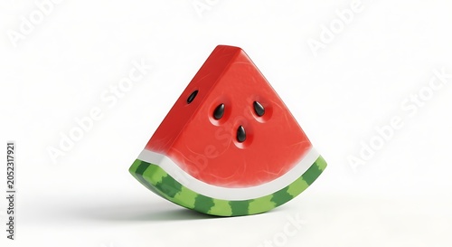 A close-up studio shot of a single, stylized wooden watermelon slice toy with black seeds and green rind.