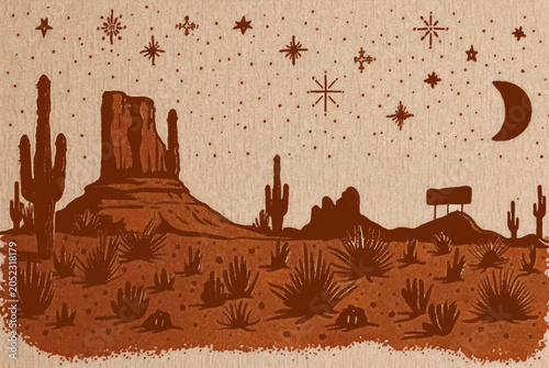 Fotografi Western tribal vintage style mojave desert night landscape, minimalist style, surreal and mysterious tone