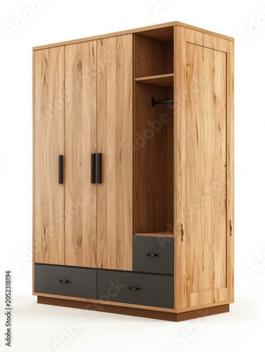 Stylish modern wooden wardrobe featuring dark grey drawers, a hanging rail, and ample storage space.