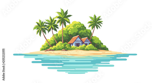 Slika na platnu Tropical island paradise with lush palm trees and cozy beach huts vector illustr