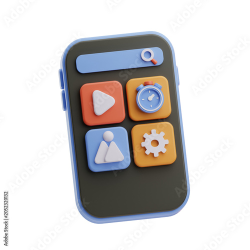 A digital illustration of a smartphone displaying a user interface with icons representing video playback, timer, user profile, and settings, emphasizing app functionalities and digital interaction.