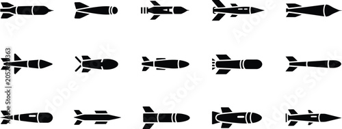 Tableau sur toile Rocket, Military rocket, and guided missile vector icon, minimalist black silhouette symbol representing defense technology, aerospace weapons system and modern military engineering design