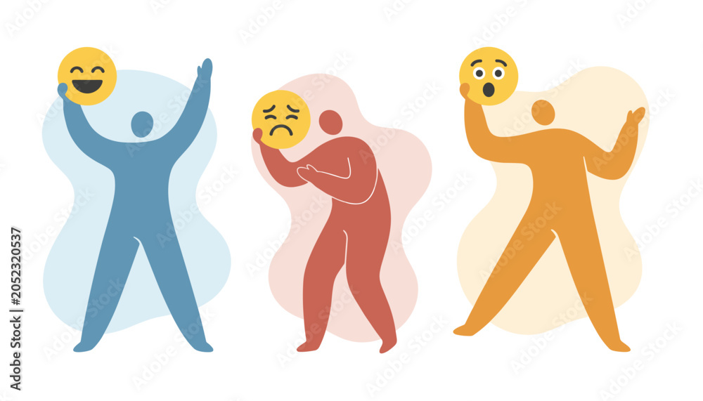Fototapeta premium Abstract figures holding different emoji masks representing a range of human emotions such as happy, sad, and surprised.