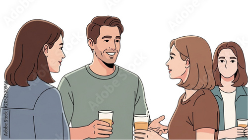 Canvas Print People talking and smiling while holding drinks indoors