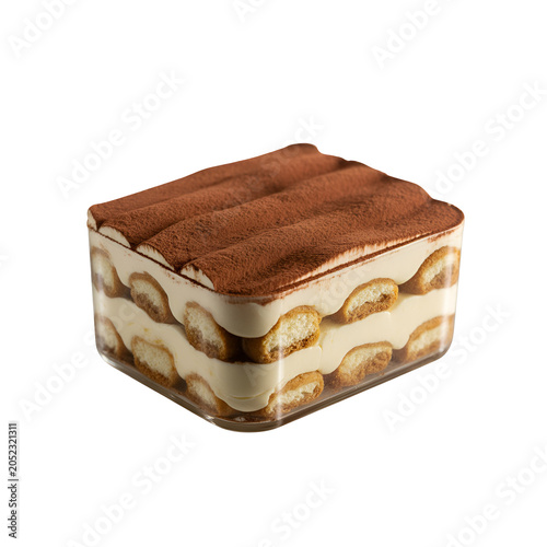Delicious slice of layered tiramisu dessert on a white surface