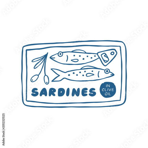 Hand drawn Can of Sardines. Print with vintage illustration for tee, t shirt, canvas, poster.